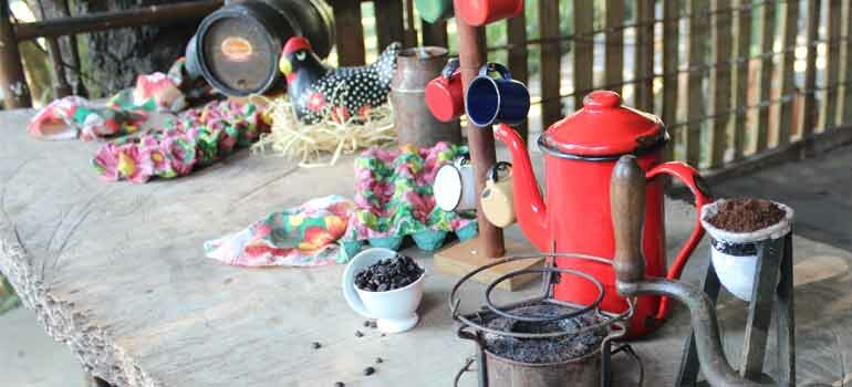 mesa mineira com bule de café, galinha da angola e café em grãos em decoração de evento